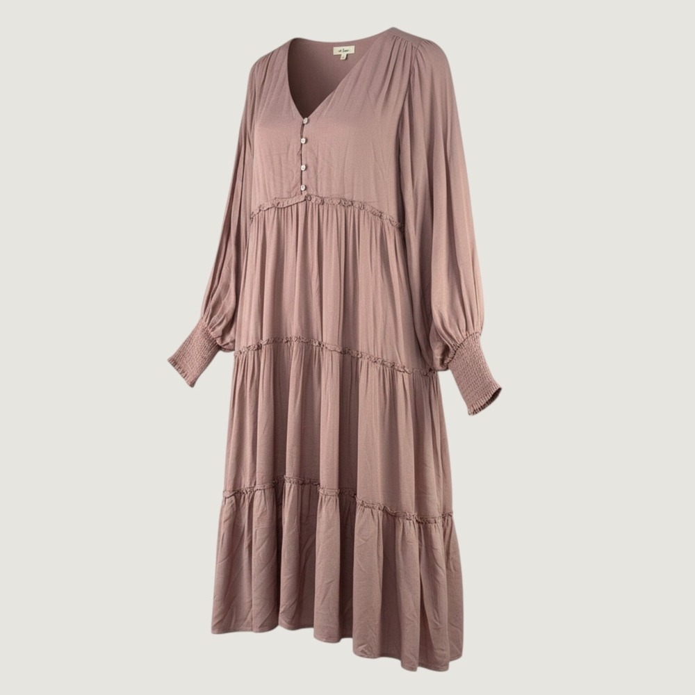 In Loom Maxi Dress Women Large Pink Long Sleeve V-Neck Boho Whimsy Cottage
